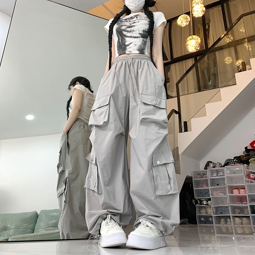 Drawstring Waist Glitter Baggy Cargo Pants
