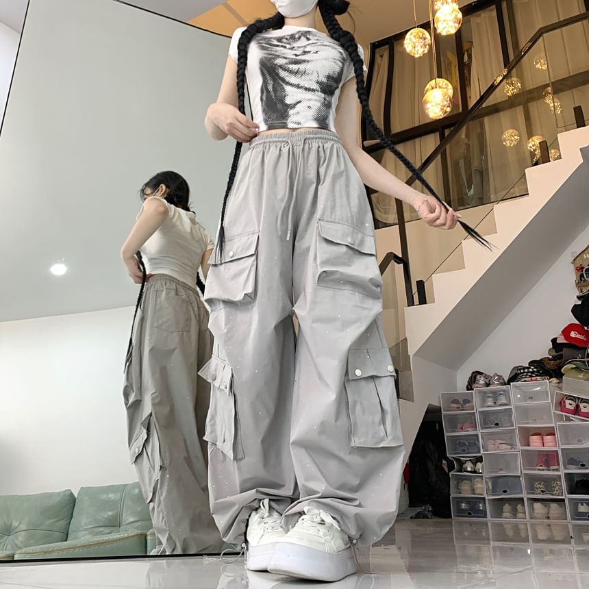 Drawstring Waist Glitter Baggy Cargo Pants