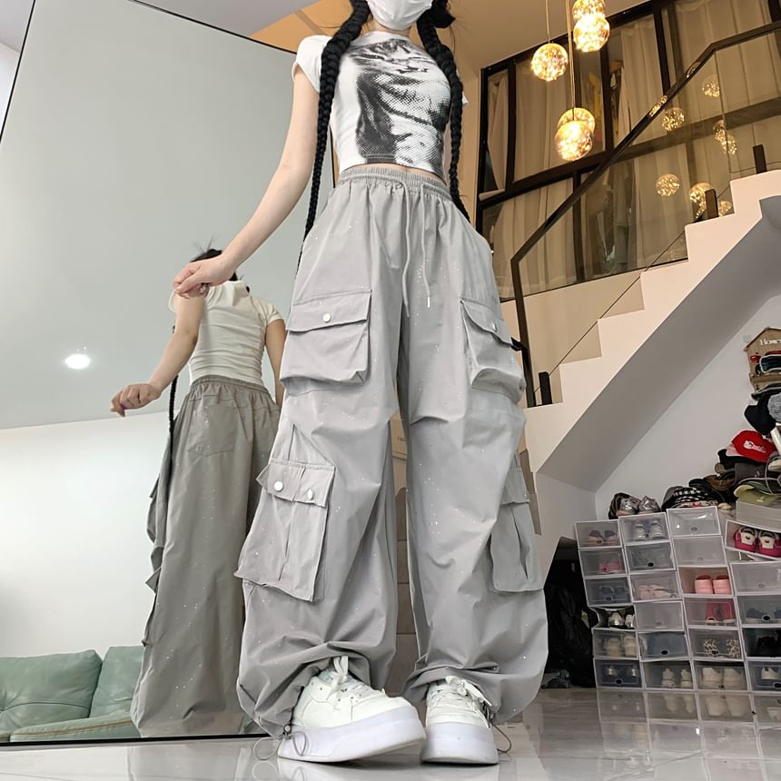 Drawstring Waist Glitter Baggy Cargo Pants