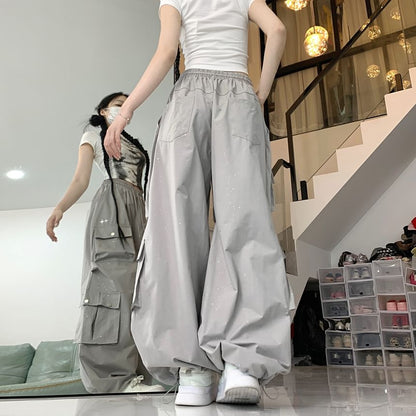 Drawstring Waist Glitter Baggy Cargo Pants