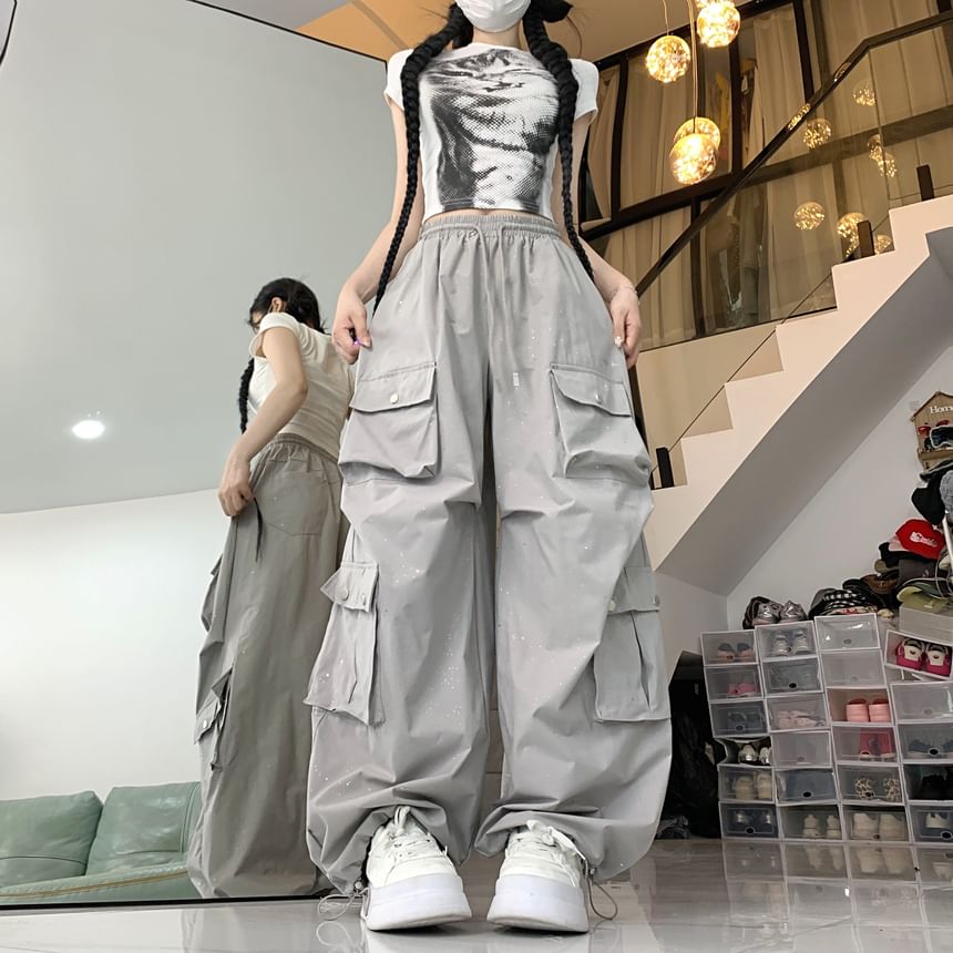 Drawstring Waist Glitter Baggy Cargo Pants