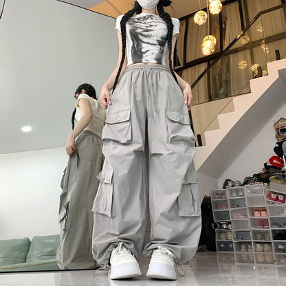 Drawstring Waist Glitter Baggy Cargo Pants