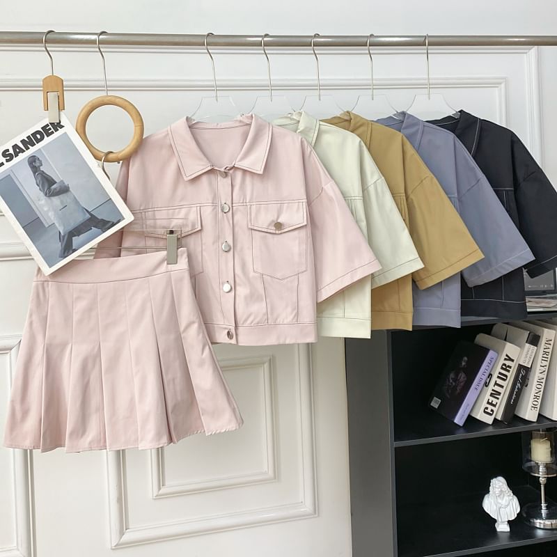 Collared Crop Blouse and Pleated Mini Skirt Set
