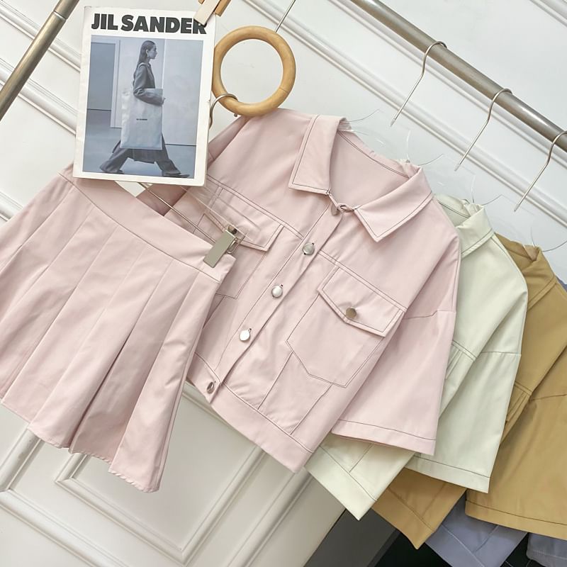 Collared Crop Blouse and Pleated Mini Skirt Set