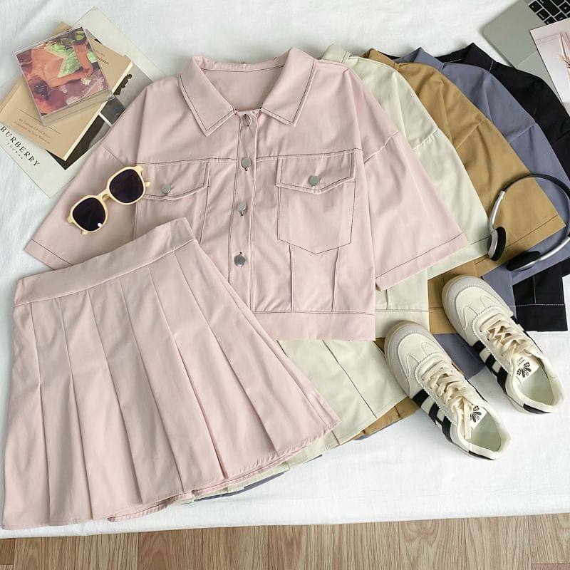 Collared Crop Blouse and Pleated Mini Skirt Set