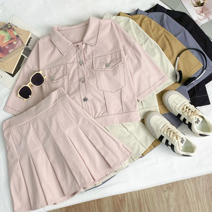 Collared Crop Blouse and Pleated Mini Skirt Set
