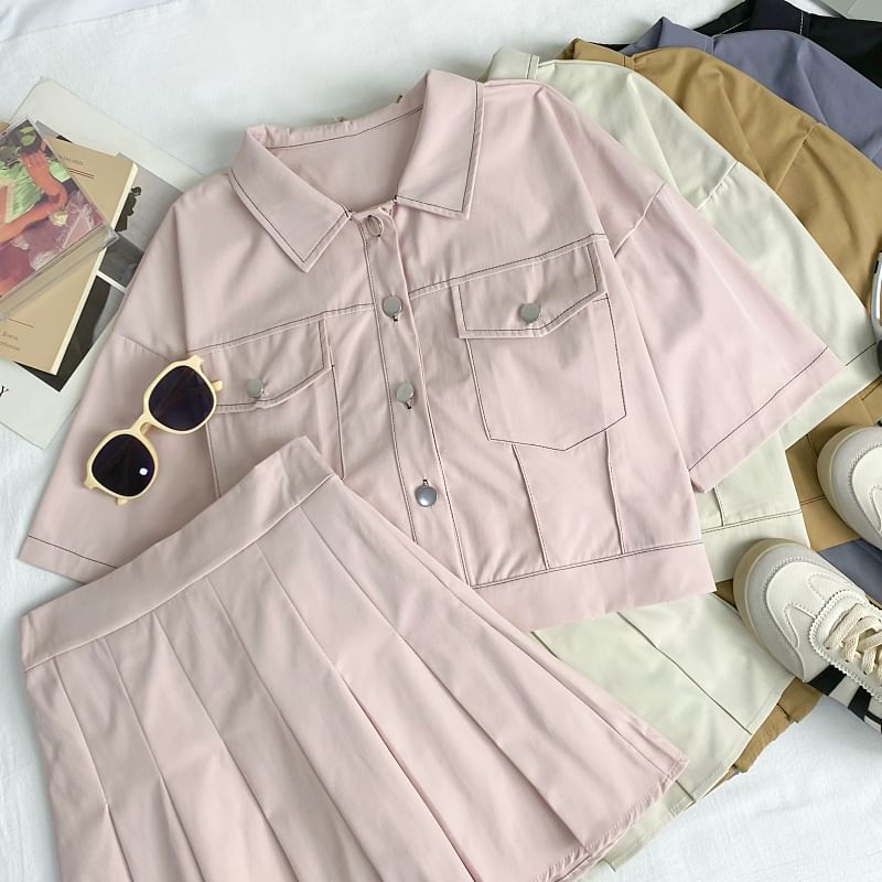 Collared Crop Blouse and Pleated Mini Skirt Set
