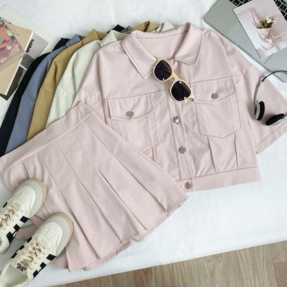 Collared Crop Blouse and Pleated Mini Skirt Set