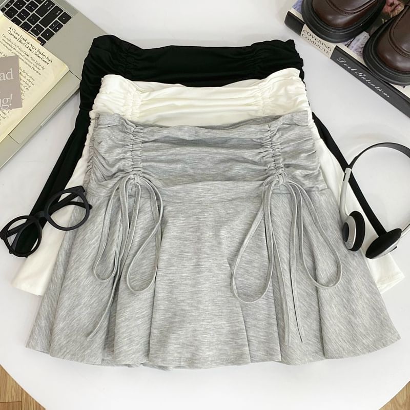 Ruched Drawstring Mini Flared Skirt