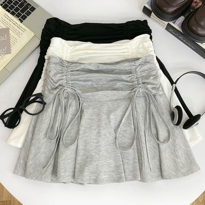 Ruched Drawstring Mini Flared Skirt