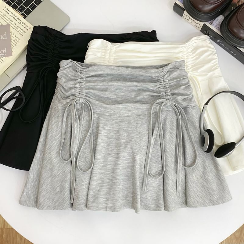 Ruched Drawstring Mini Flared Skirt