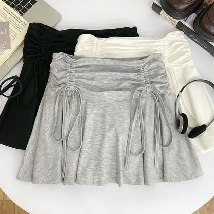 Ruched Drawstring Mini Flared Skirt