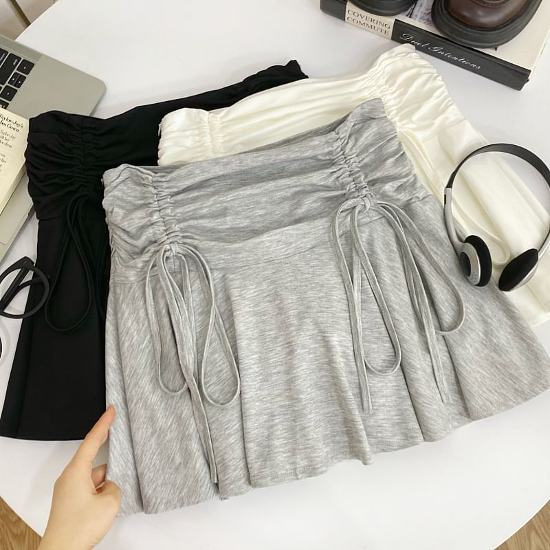 Ruched Drawstring Mini Flared Skirt