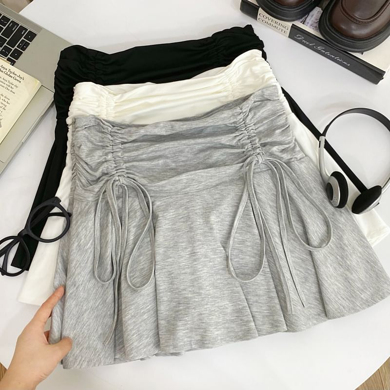 Ruched Drawstring Mini Flared Skirt