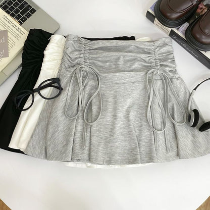 Ruched Drawstring Mini Flared Skirt