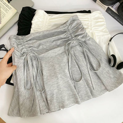 Ruched Drawstring Mini Flared Skirt