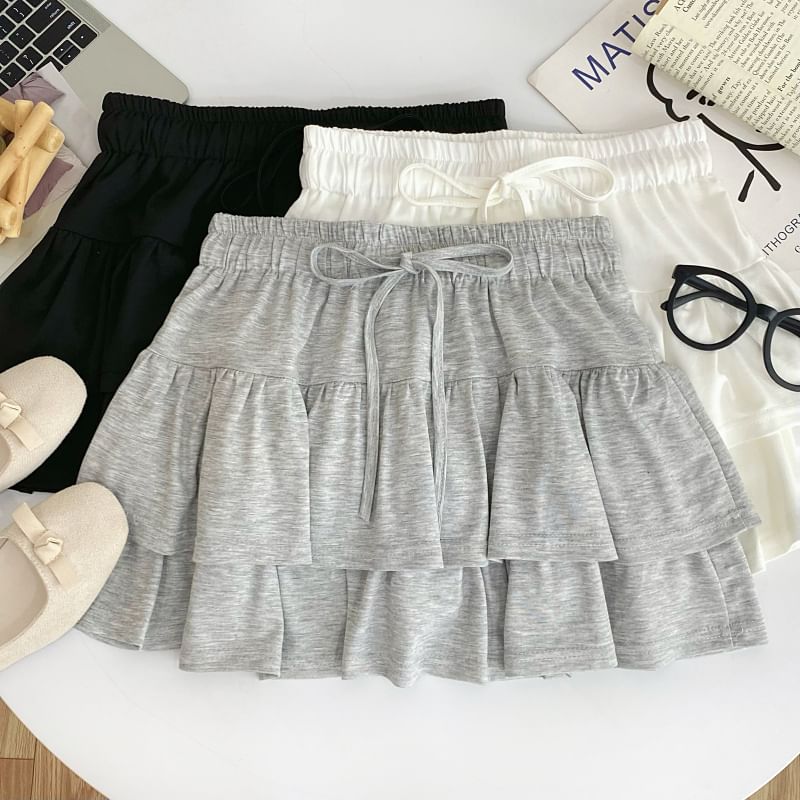 Drawstring Tiered Mini Flared Skirt