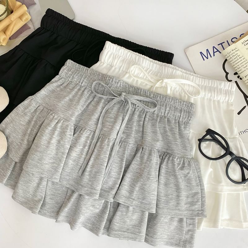 Drawstring Tiered Mini Flared Skirt