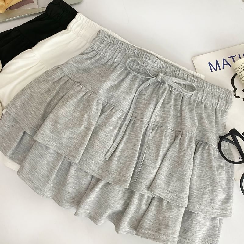 Drawstring Tiered Mini Flared Skirt