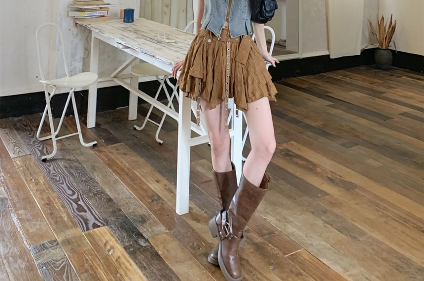 Studded Denim Vest and Asymmetric Mini Skirt Set