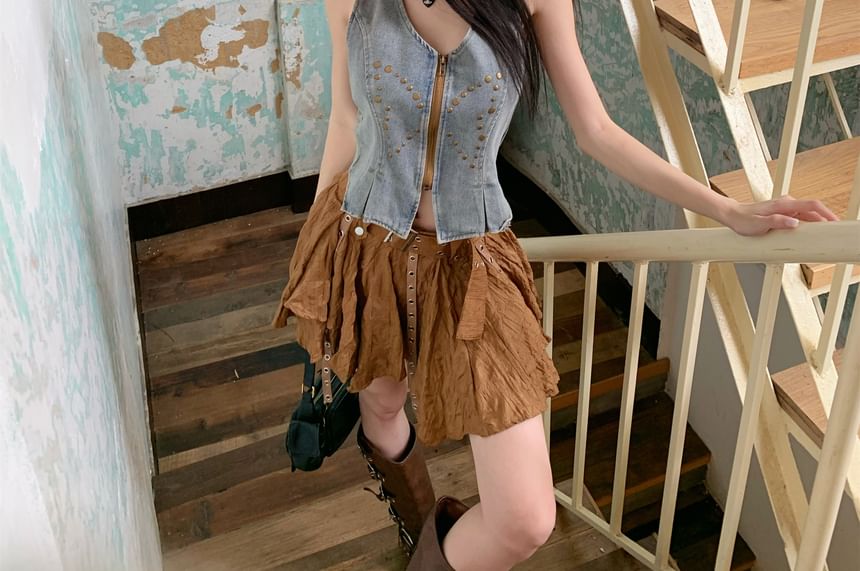 Studded Denim Vest and Asymmetric Mini Skirt Set