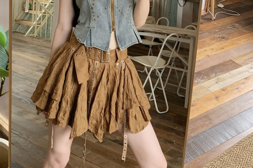 Studded Denim Vest and Asymmetric Mini Skirt Set