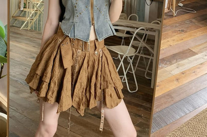 Studded Denim Vest and Asymmetric Mini Skirt Set