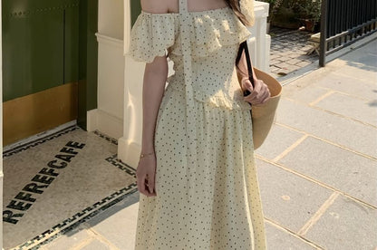 Off-Shoulder Short-Sleeve Dotted Ruffle A-Line Maxi Dress