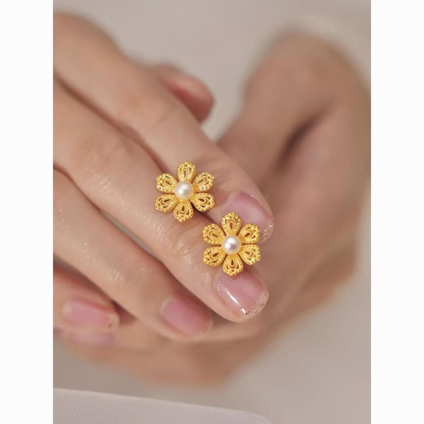 Earring Faux Stud Floral Pearl Alloy