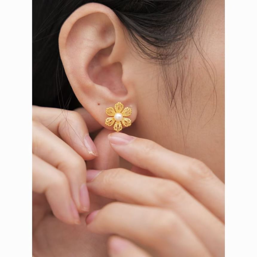 Earring Faux Stud Floral Pearl Alloy