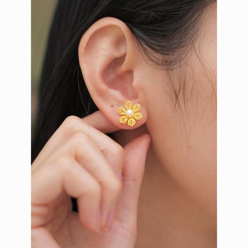 Earring Faux Stud Floral Pearl Alloy