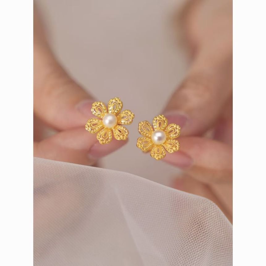 Earring Faux Stud Floral Pearl Alloy
