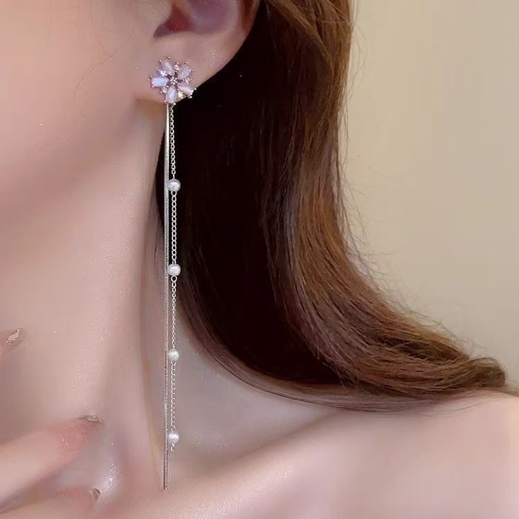 Faux Alloy Floral Gemstone Pearl Threader Earring