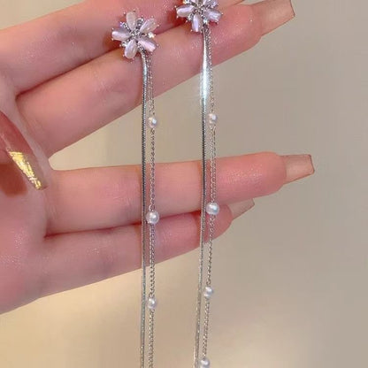 Faux Alloy Floral Gemstone Pearl Threader Earring