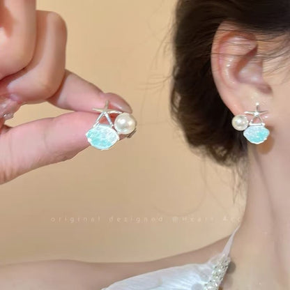 Pearl Alloy Stud Faux Rhinestone Earring Starfish