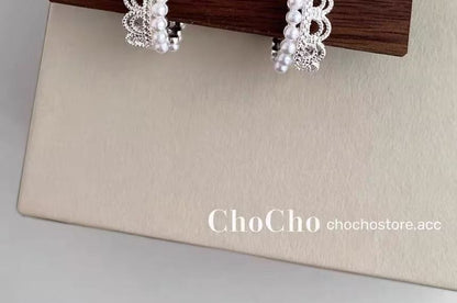 Huggie Earring Pearl Alloy Lace Faux