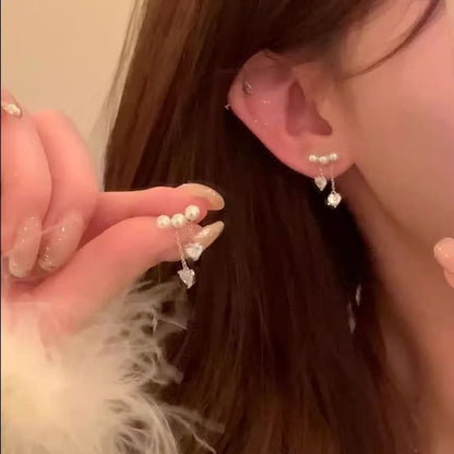 Pearl Earring Rhinestone Dangle Heart Faux Alloy