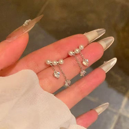 Pearl Earring Rhinestone Dangle Heart Faux Alloy