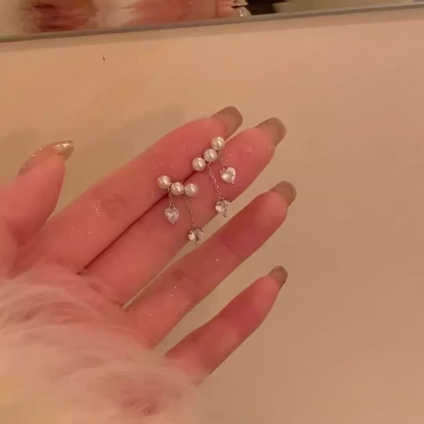 Pearl Earring Rhinestone Dangle Heart Faux Alloy