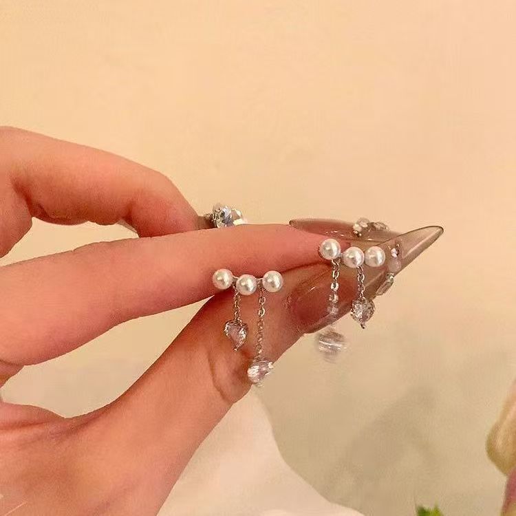 Pearl Earring Rhinestone Dangle Heart Faux Alloy