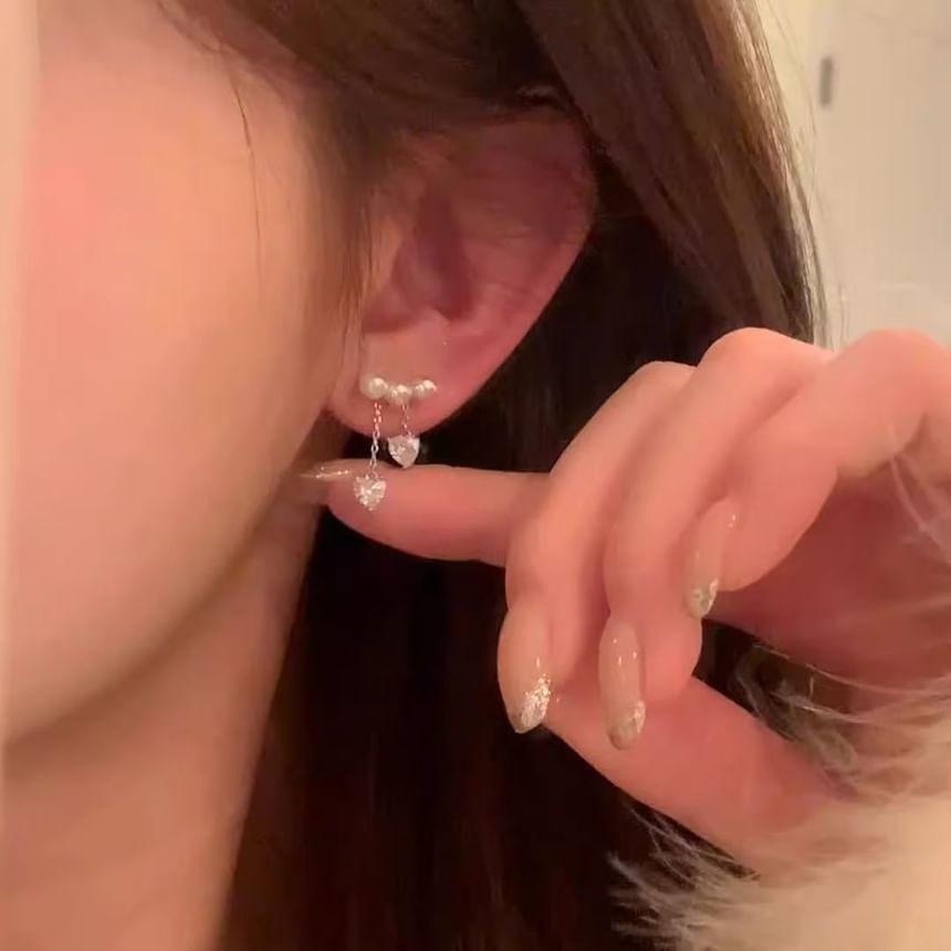 Pearl Earring Rhinestone Dangle Heart Faux Alloy