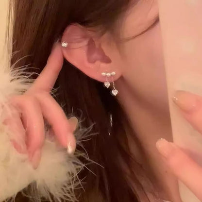 Pearl Earring Rhinestone Dangle Heart Faux Alloy