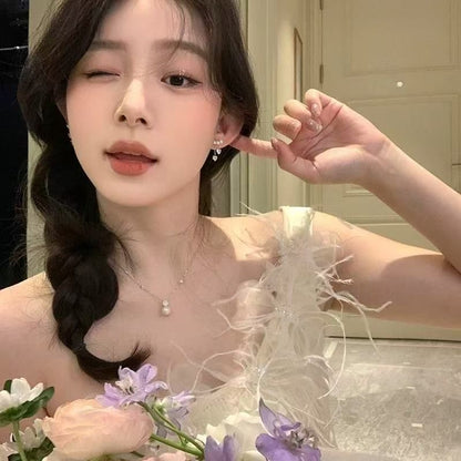 Pearl Earring Rhinestone Dangle Heart Faux Alloy