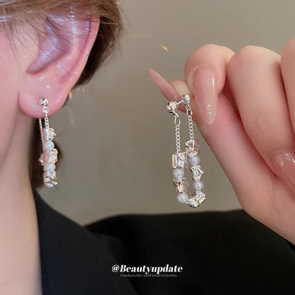 Faux Dangle Pearl Alloy Earring Hoop Chain