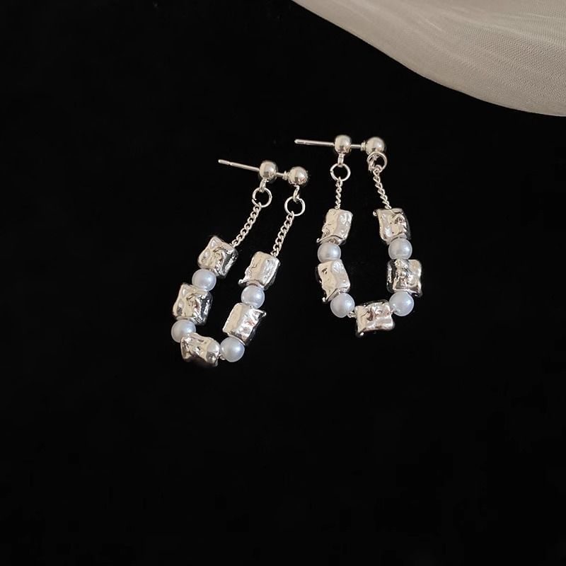 Faux Dangle Pearl Alloy Earring Hoop Chain