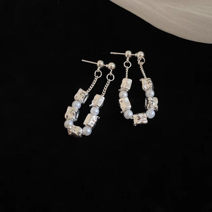 Faux Dangle Pearl Alloy Earring Hoop Chain