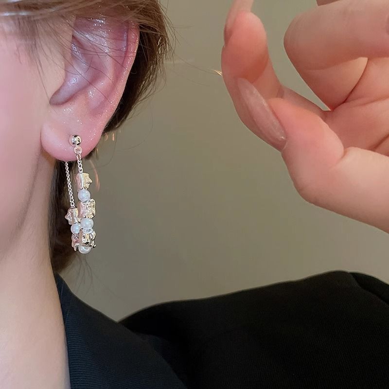 Faux Dangle Pearl Alloy Earring Hoop Chain