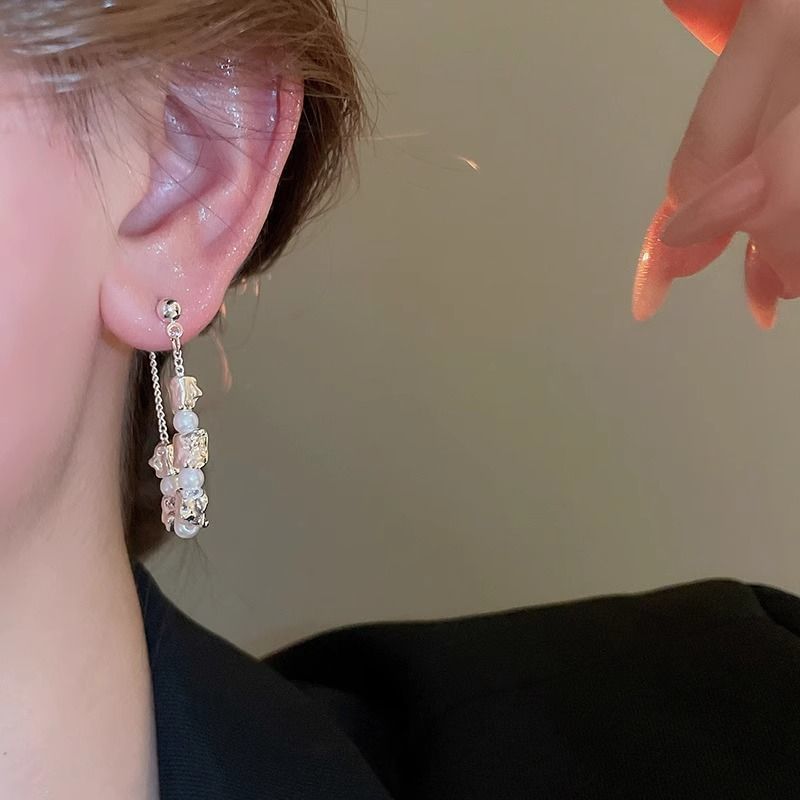 Faux Dangle Pearl Alloy Earring Hoop Chain