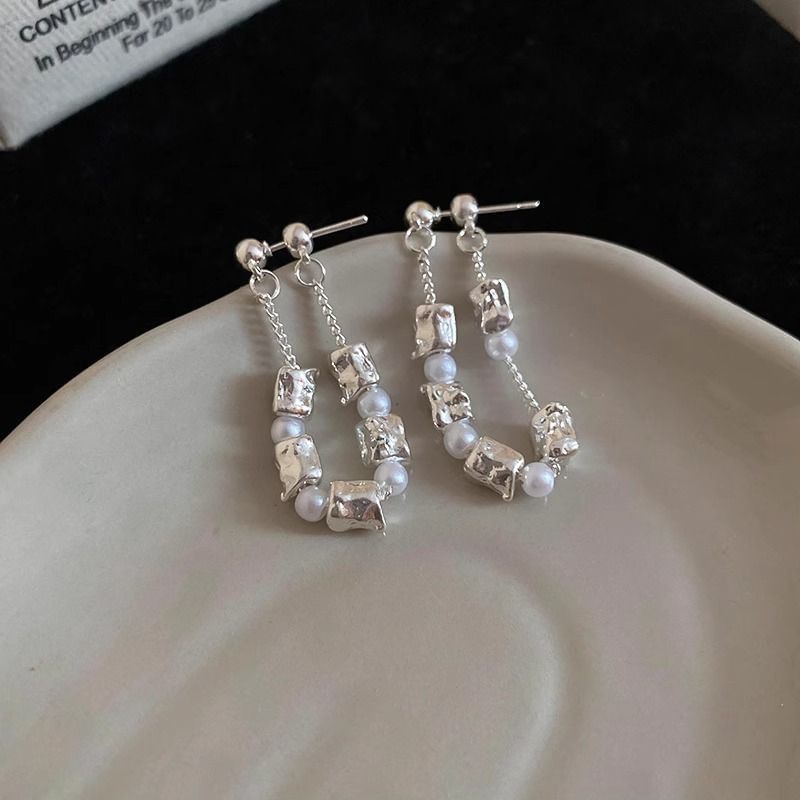 Faux Dangle Pearl Alloy Earring Hoop Chain