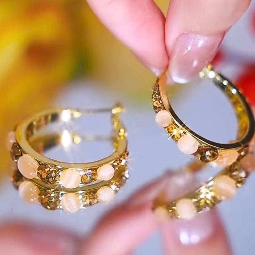 Faux Rhinestone Alloy Gemstone Hoop Earring